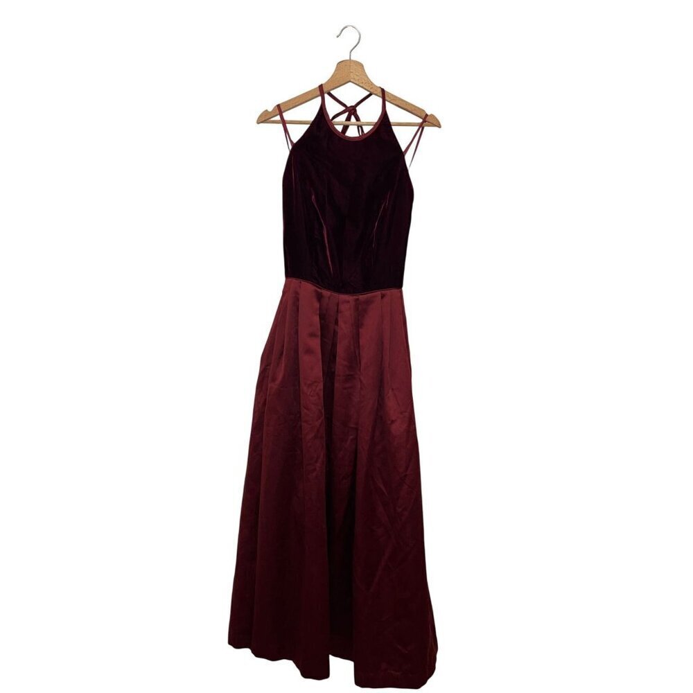 Vintage A.J. Bari Burgundy Halter Velvet Satin Back Lace-Up maxi Dress Women's S
